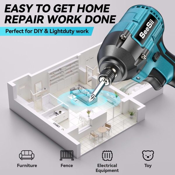 Seesii QH150 Impact Driver Kit, 21V Max Torque 1590In-lbs(180N.m) Cordless Impact Driver Set with Two 2.0Ah Battery, 1/4" Hex Chuck Power Impact Drill - Image 6