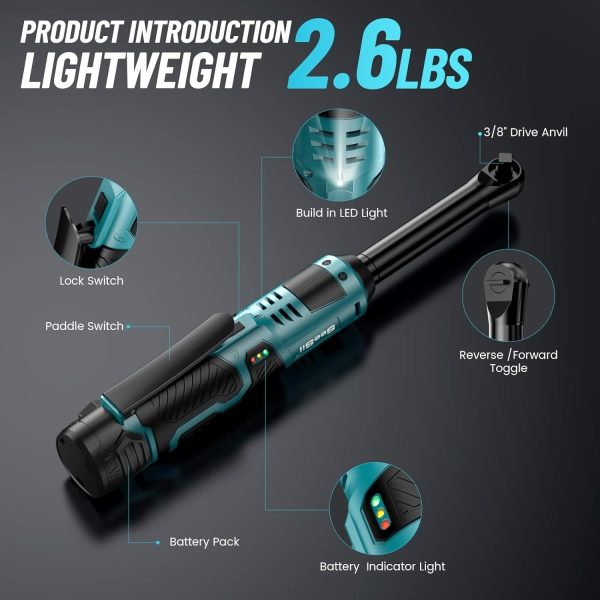 Seesii RT800L 3/8" Cordless Ratchet Wrench, 6" Long Neck, 220RPM - Image 9