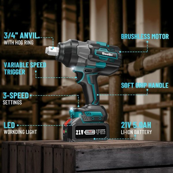 Seesii WH1000 3/4‘’ 1600N.m Cordless Impact Wrench, 5.0Ah Battery, Brushless Motor, LED Light, 24x7 Customer Support - Image 9