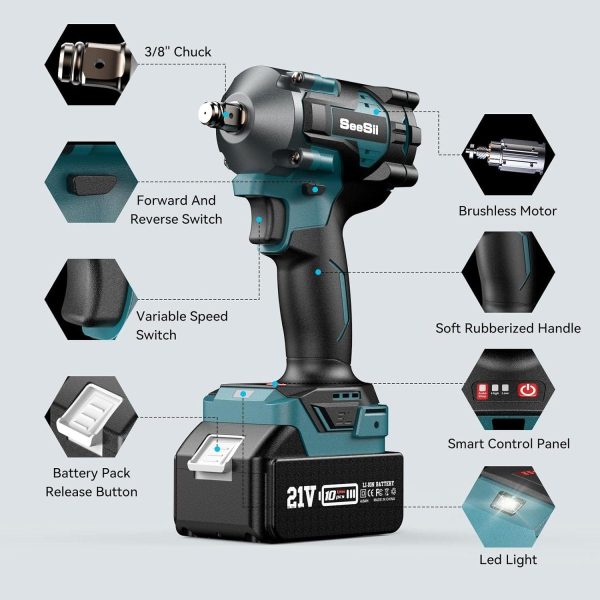 Seesii WH450 3/8" Cordless Impact Wrench, 330Ft-lbs(450N.m), 4.0Ah Battery, 4 Sockets - Image 2