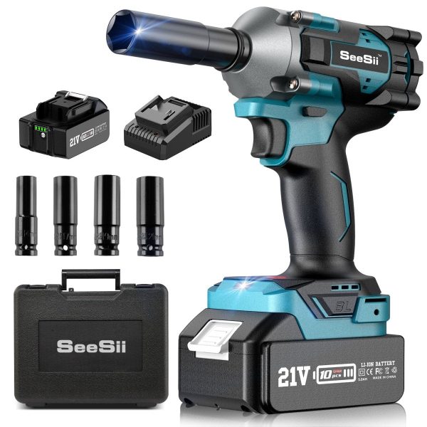 Seesii WH450 3/8" Cordless Impact Wrench, 330Ft-lbs(450N.m), 4.0Ah Battery, 4 Sockets - Image 3