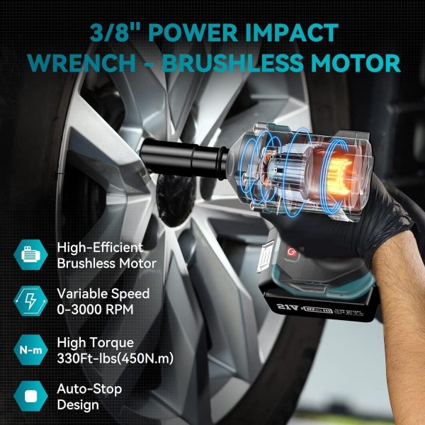 Seesii WH450 3/8" Cordless Impact Wrench, 330Ft-lbs(450N.m), 4.0Ah Battery, 4 Sockets - Image 4