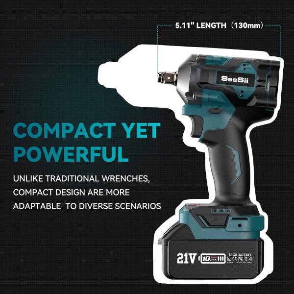 Seesii WH450 3/8" Cordless Impact Wrench, 330Ft-lbs(450N.m), 4.0Ah Battery, 4 Sockets - Image 5
