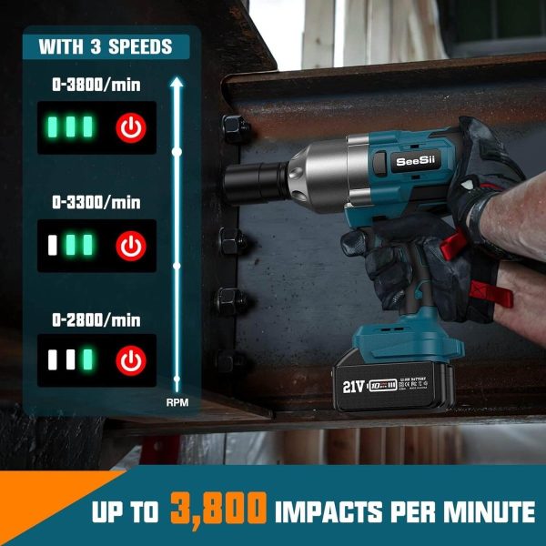Seesii WH800 1/2'' Impact Wrench, 960Ft-lbs(1300NM) 2x5.0Ah Battery, Brushless Motor - Image 5