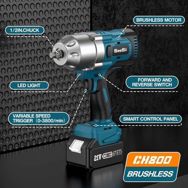 Seesii WH800 1/2'' Impact Wrench, 960Ft-lbs(1300NM) 2x5.0Ah Battery, Brushless Motor - Image 7